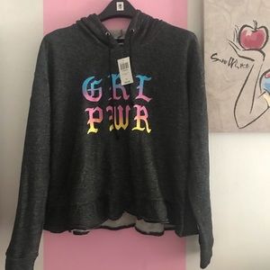 Tops - Girl Power Ruffle Trim Semi-Cropped Hoodie Tops - Girl Power Ruffle Trim Semi-Cropped Hoodie